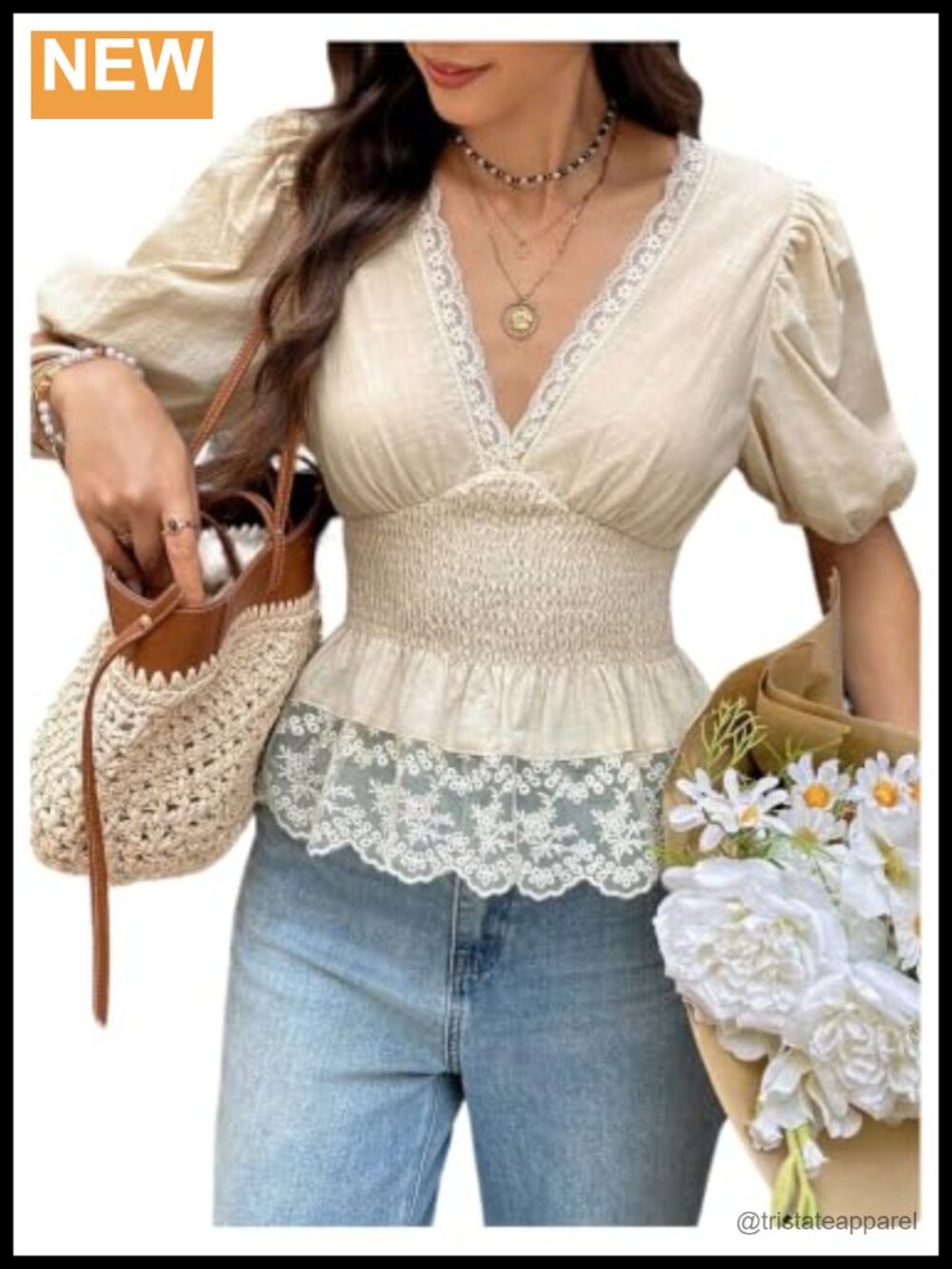 Women's Lace Trim Peplum Babydoll Boho Puff Sleeve Smocked Blouse